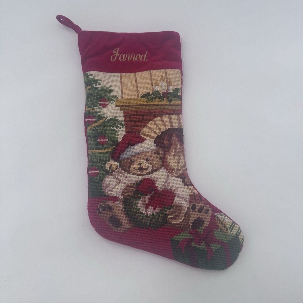 Lillian Vernon Teddy Bear Christmas Stocking Needlepoint Velvet Monogram Jarred